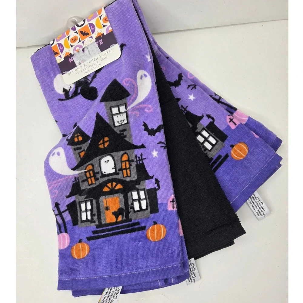 Halloween Haunted House Kitchen Towels Set Purple Black Cotton Ghost Cat Bat